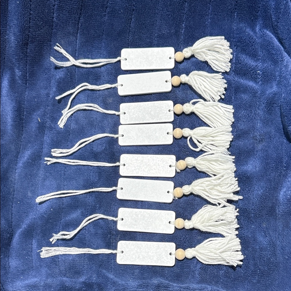 Set of 8 wooden White Tassel Tags with Wooden Beads